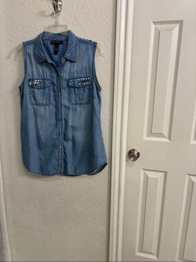 INC International Concepts Sleeveless Light Wash Denim Shirt with Stud Pockets